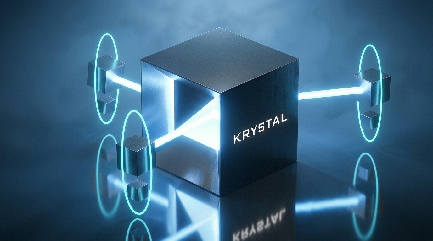 Krystal Loop artwork: a metallic Krystal cube connected to smaller nodes by illuminated loops