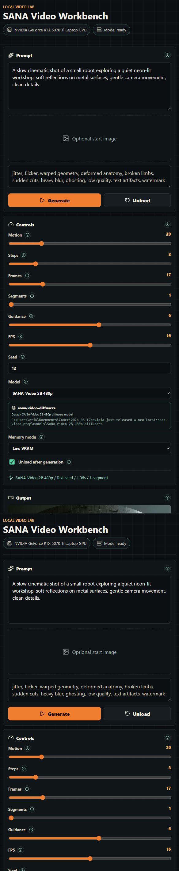 SANA Video Local UI screenshot showing prompt controls, low-VRAM settings, progress, and video output.